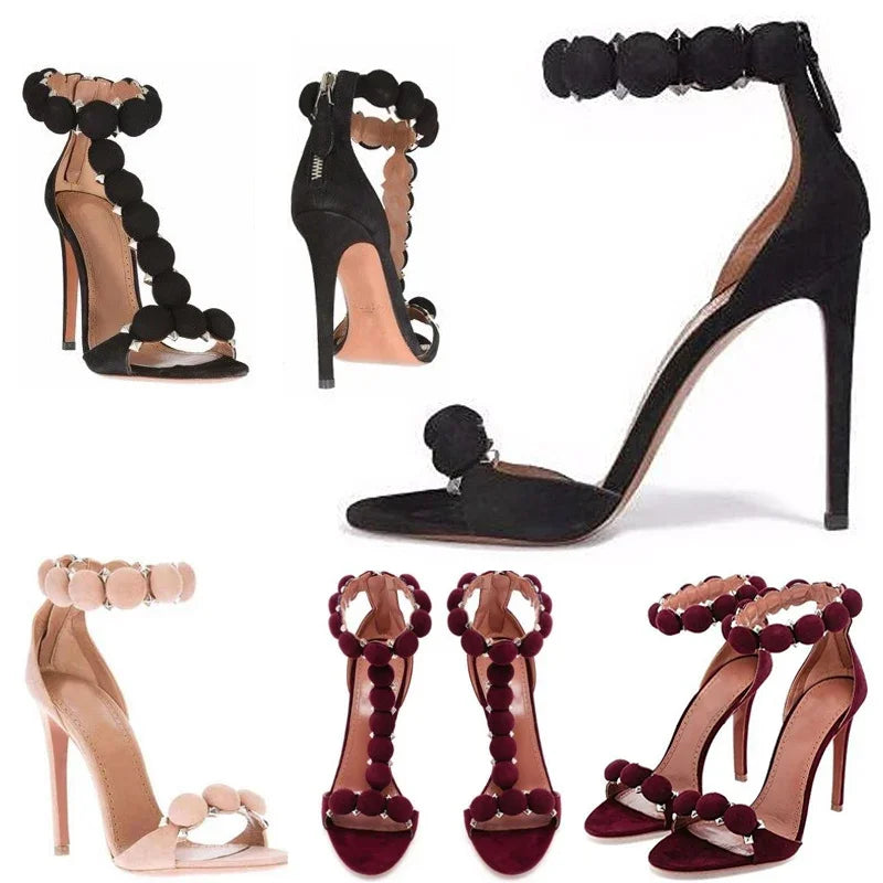 Pom-Pom Stiletto High Heel Sandals