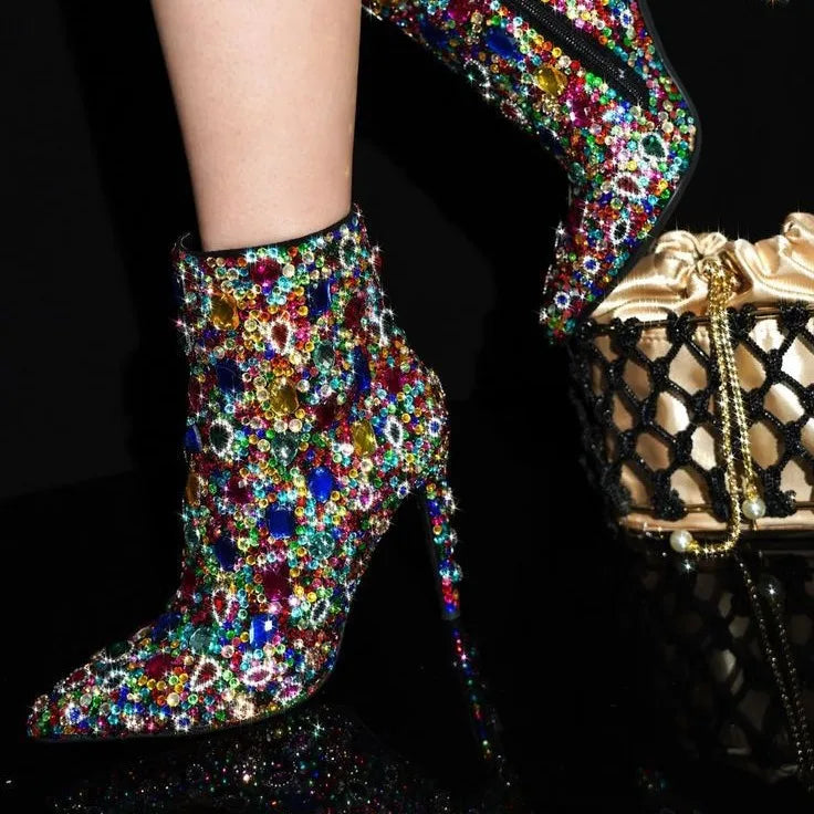 Multi-Color Rhinestone Covered High Heel Ankle Boots