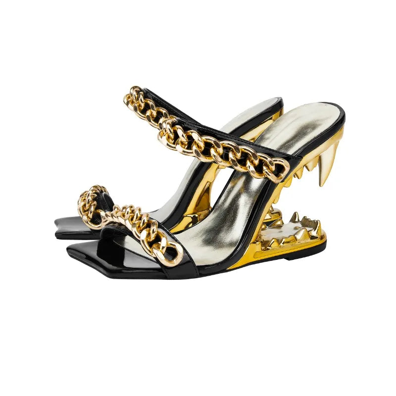 Gold Tiger Teeth High Heel Mule Sandals