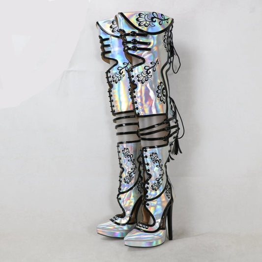 Holographic Over the Knee High Heel Boots