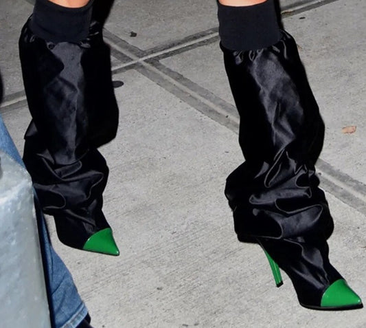 Puffer Slouched Knee High Stiletto High Heel Boots