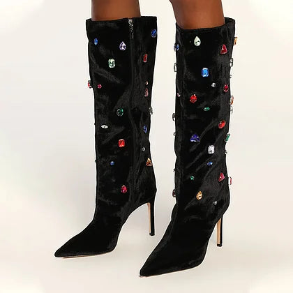 Rhinestone Knee Length High Heel Boots