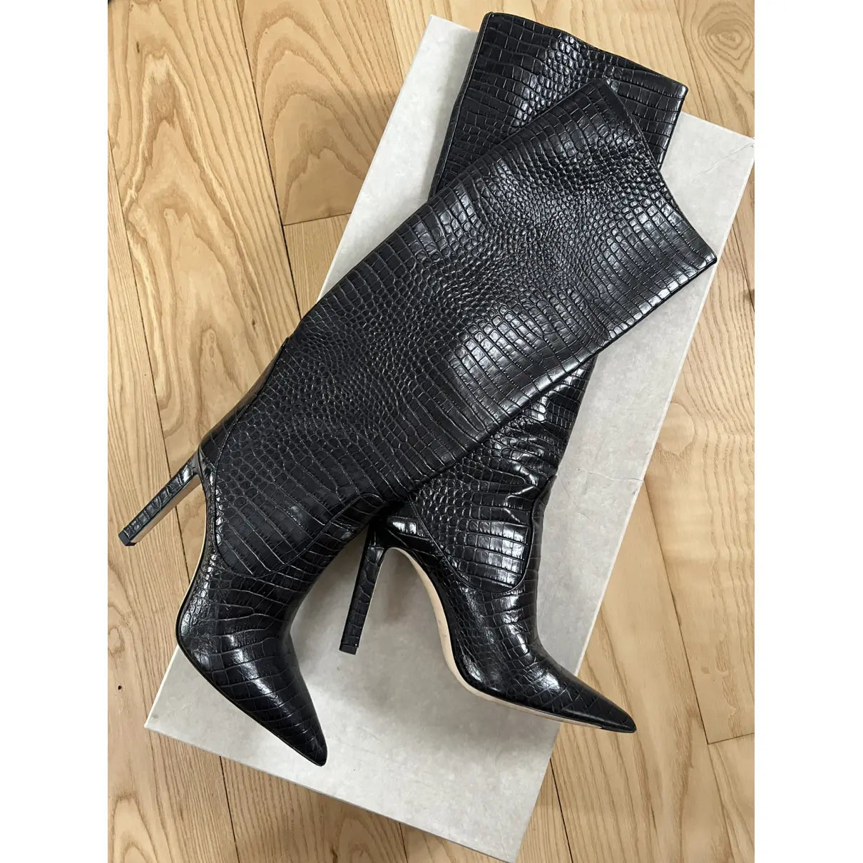 Runway Croc Print Knee High Slip On Boots