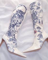 White Vintage Print Gladiator Knee High Boots