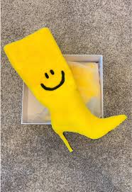 Yellow Smiley Face High Heel Stiletto Boots
