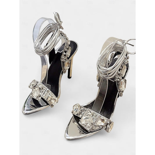 Clearance - Chunky Rhinestone Metallic Lace Up High Heel Sandals