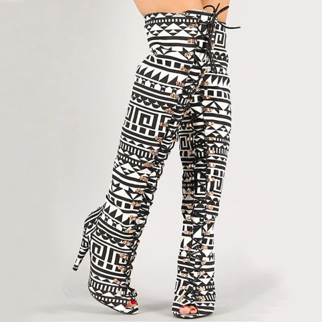 Clearance - Tribal Print Open Toe Thigh High Boots