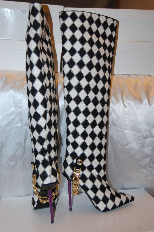 Checkered Chain Detail Knee High Stiletto Boots