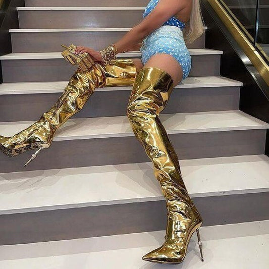 Golden Metallic Thigh High Stiletto High Heel Boots