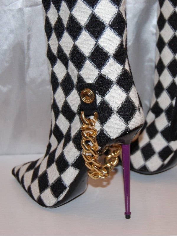 Checkered Chain Detail Knee High Stiletto Boots