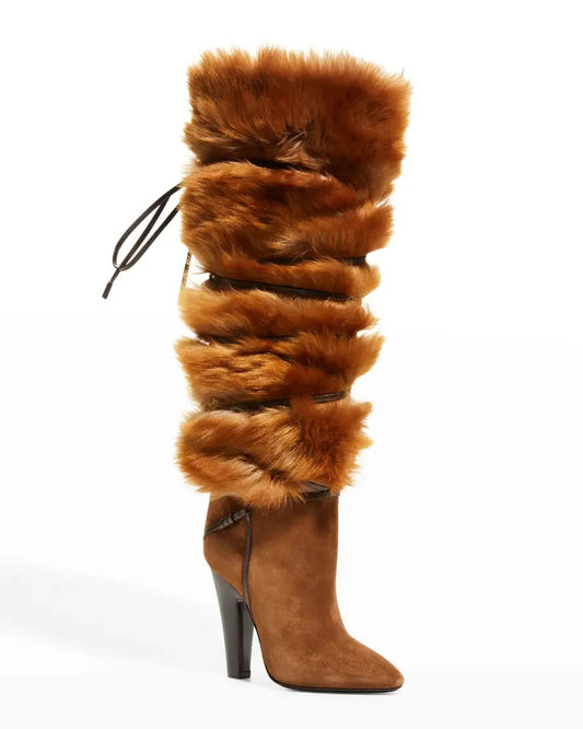 "Jokull" Brown Faux Fur Over The Knee High Heel Boots Inspired By Saint Laurent
