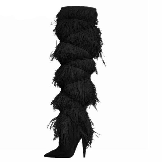 Clearance - "Yeti" Feather Detail Knee High High Heel Boot Inspired By Saint Laurent