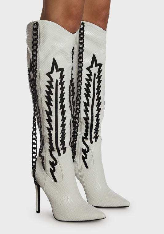 Embroidered Chain Detail Knee Length High Heel Boots