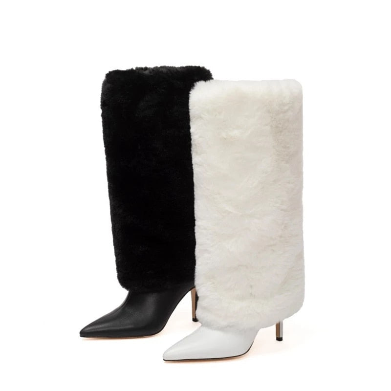 Leather Fur Design Knee High Boots – Sansa Costa