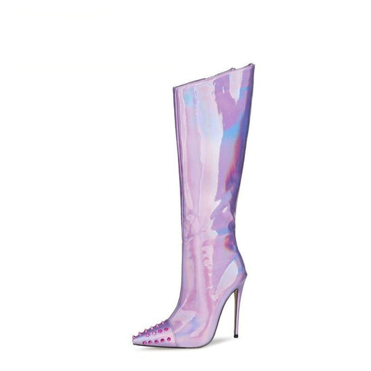 Metallic Shiny Studded Knee-High High Heel Boots