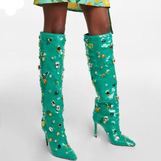 Green Sequin Rhinestones Boots