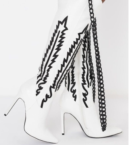 Embroidered Chain Detail Knee Length High Heel Boots