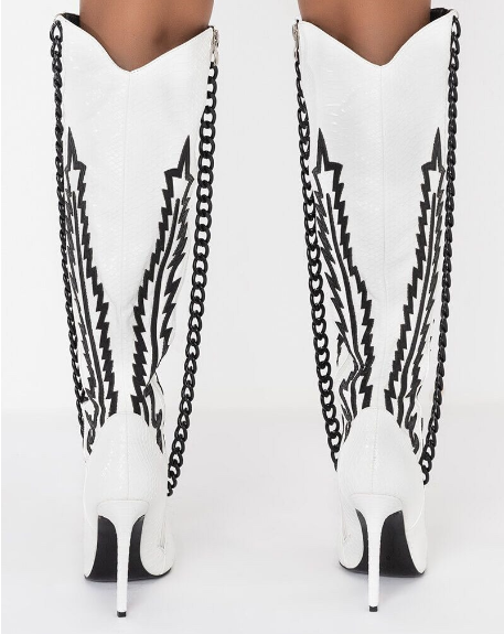 Embroidered Chain Detail Knee Length High Heel Boots