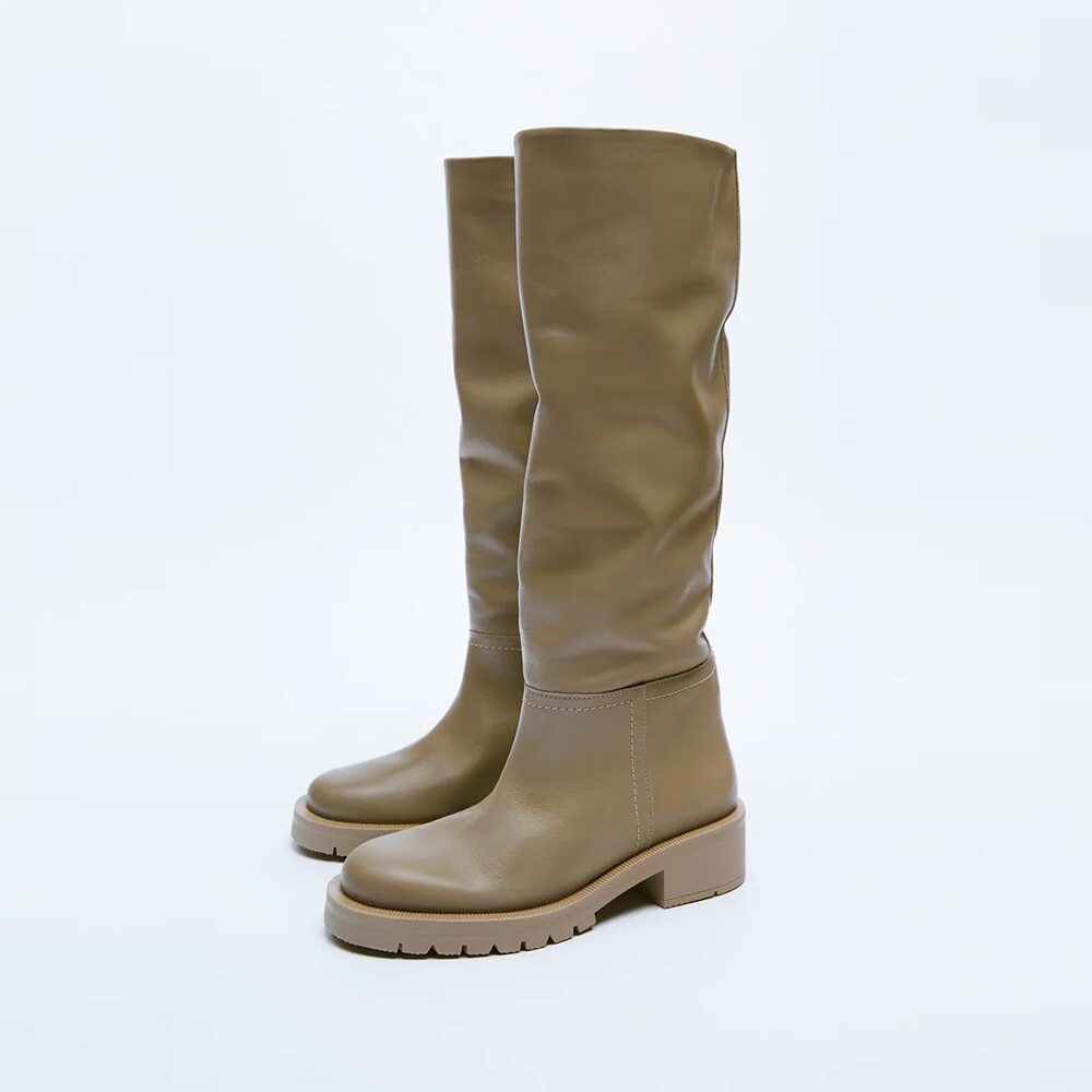 Leather Low Heel Knee-High Boots- Sansa Costa