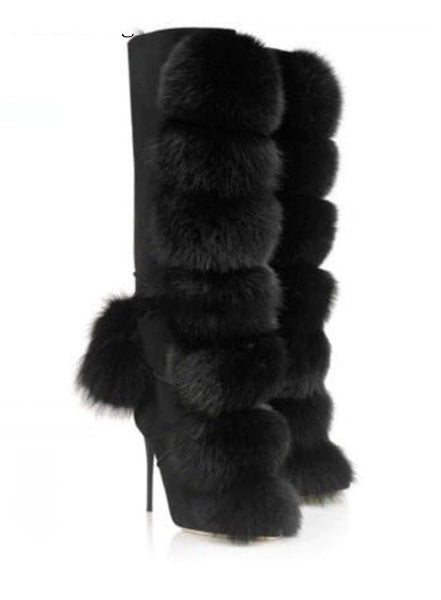 Plush Fur Pom-Pom Knee High Boots - Sansa Costa