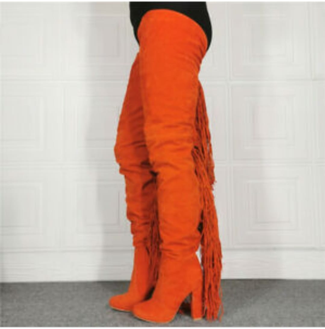  Orange Ultrasuede Fringe Tassel Hip High Boots - Sansa Costa
