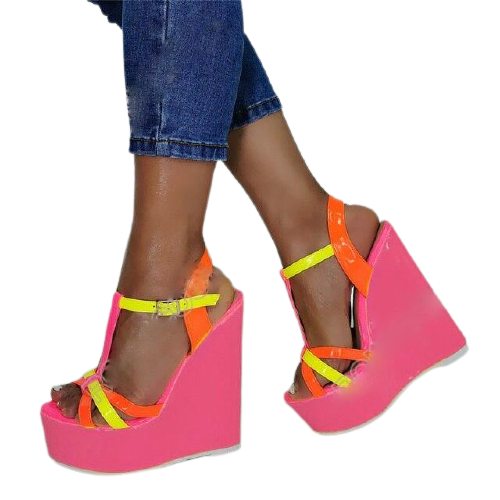 Mixed Color T-Strap Wedge Sandals- Sansa Costa