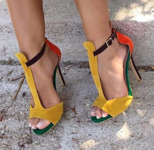 Mixed Color T-Strap Sandals- Sansa Costa