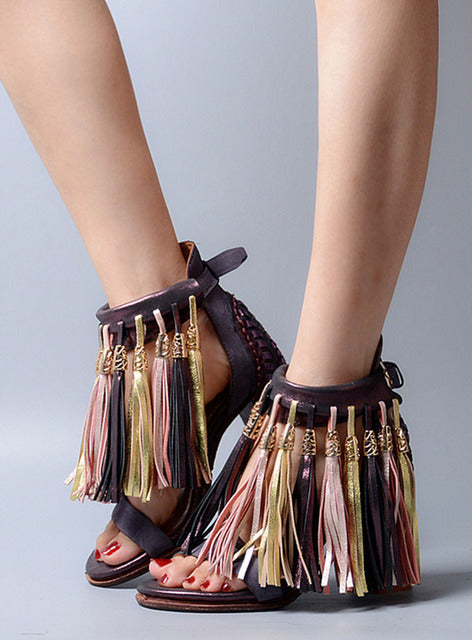 Thick Heel  Fringed Leather Sandals- Sansa Costa
