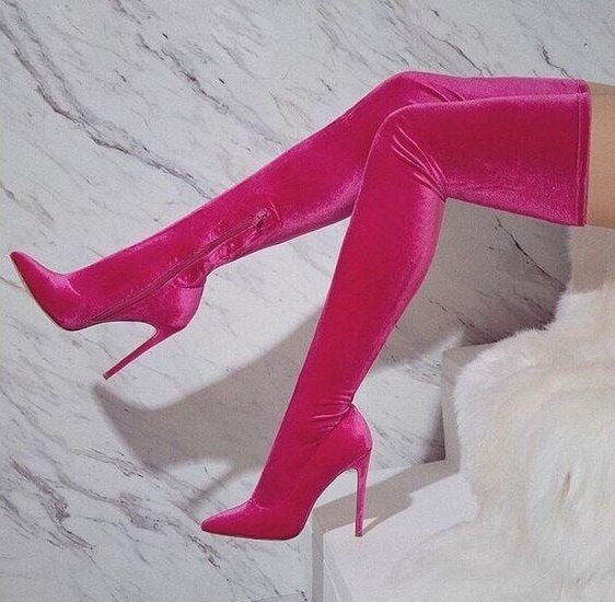 Pink Velvet Thigh High Zip Up Boots- Sansa Costa
