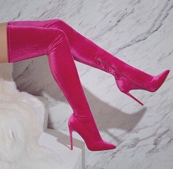 pink velvet thigh high boots