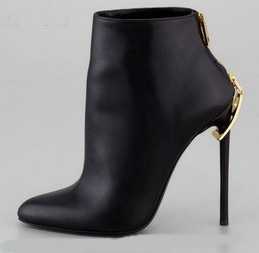 Black Leather Zipper Design Ankle Boots- Sansa Costa