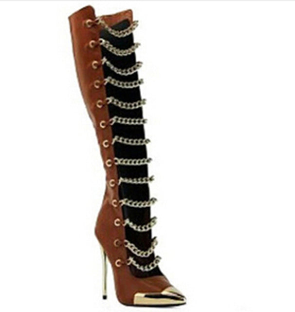Gold Chain Metal Heel Knee High Boots- Sansa Costa