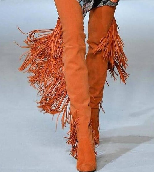  Orange Ultrasuede Fringe Tassel Hip High Boots - Sansa Costa
