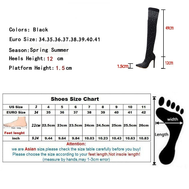 Rhinestone Thigh High Fabric Sock Boots- Sansa Costa