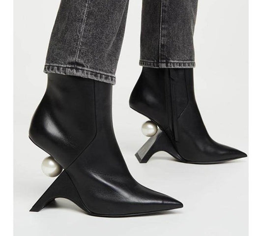 Leather Pearled Pointed Toe Ankle Boots- Santa Costa