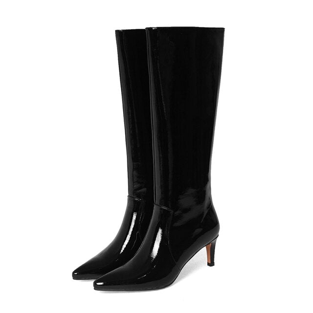 Genuine Leather Solid Color Knee High Boots - Sansa Costa