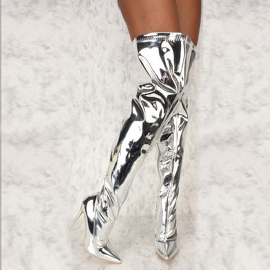 Silver Mirror Thigh High Boots - Sansa Costa