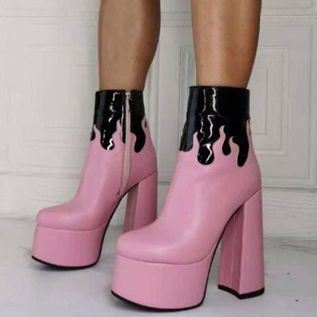 Pink Flame Chunky Heel Zipper Boots- Sansa Costa