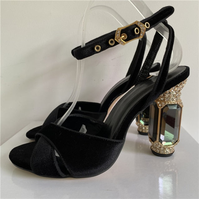  Velvet Bejeweled High Heel Sandals- Sansa Costa