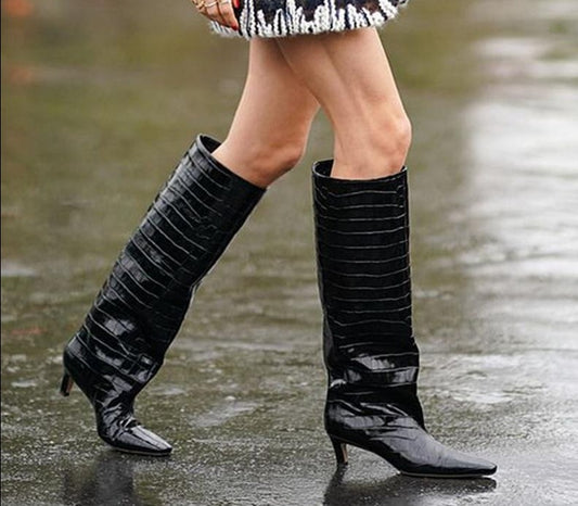 Croc Embossed Knee High Boots - Sansa Costa