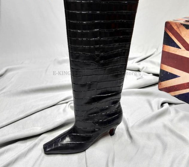  Croc Embossed Knee High Boots - Sansa Costa