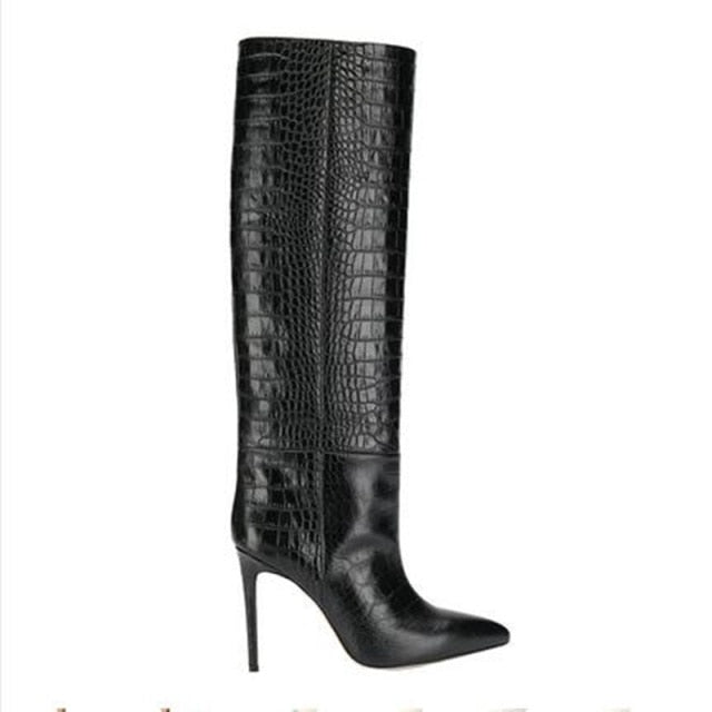 Croc Print Leather Knee High Boots - Sansa Costa