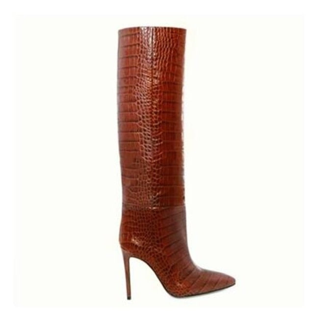 Croc Print Leather Knee High Boots - Sansa Costa