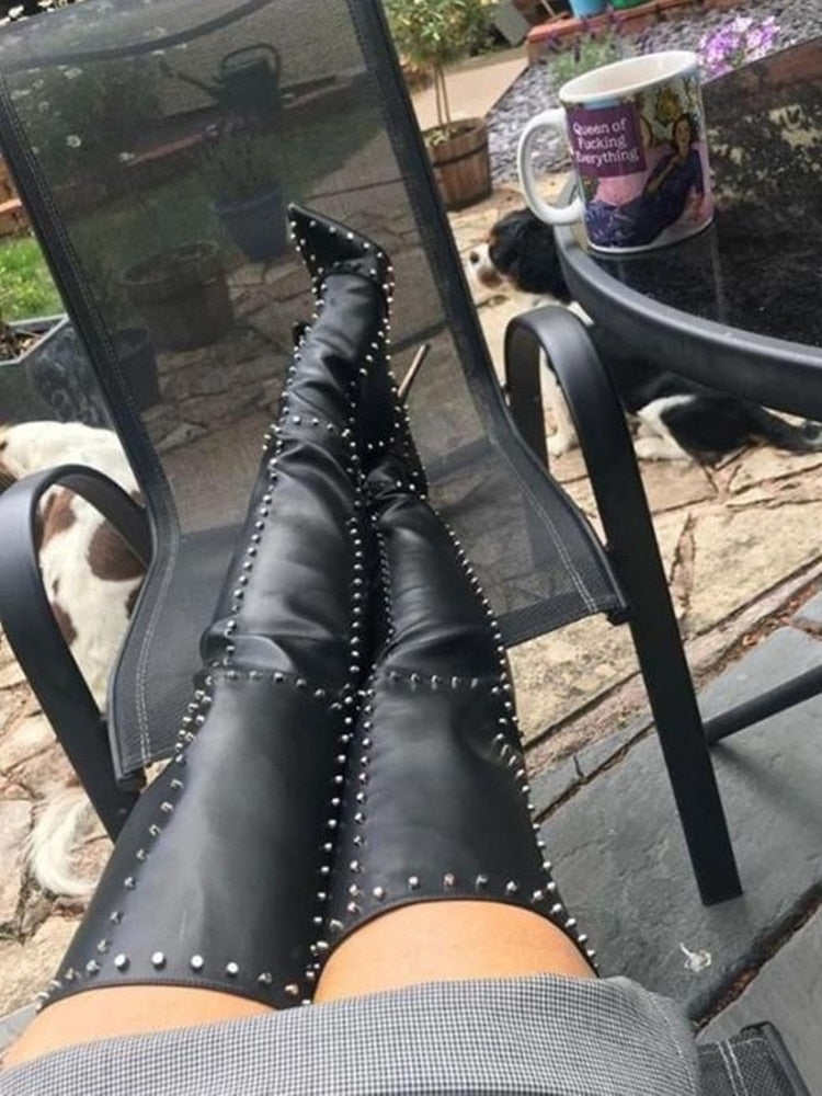 Black Rivet Thigh High Boots- Sansa Costa