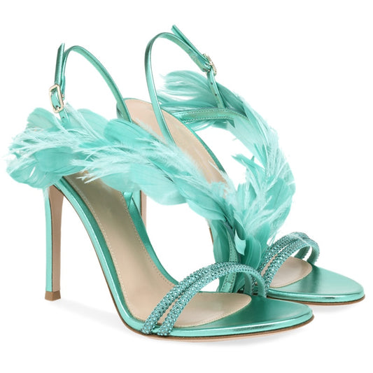Feathered One Strap High Heel Sandals- Sansa Costa