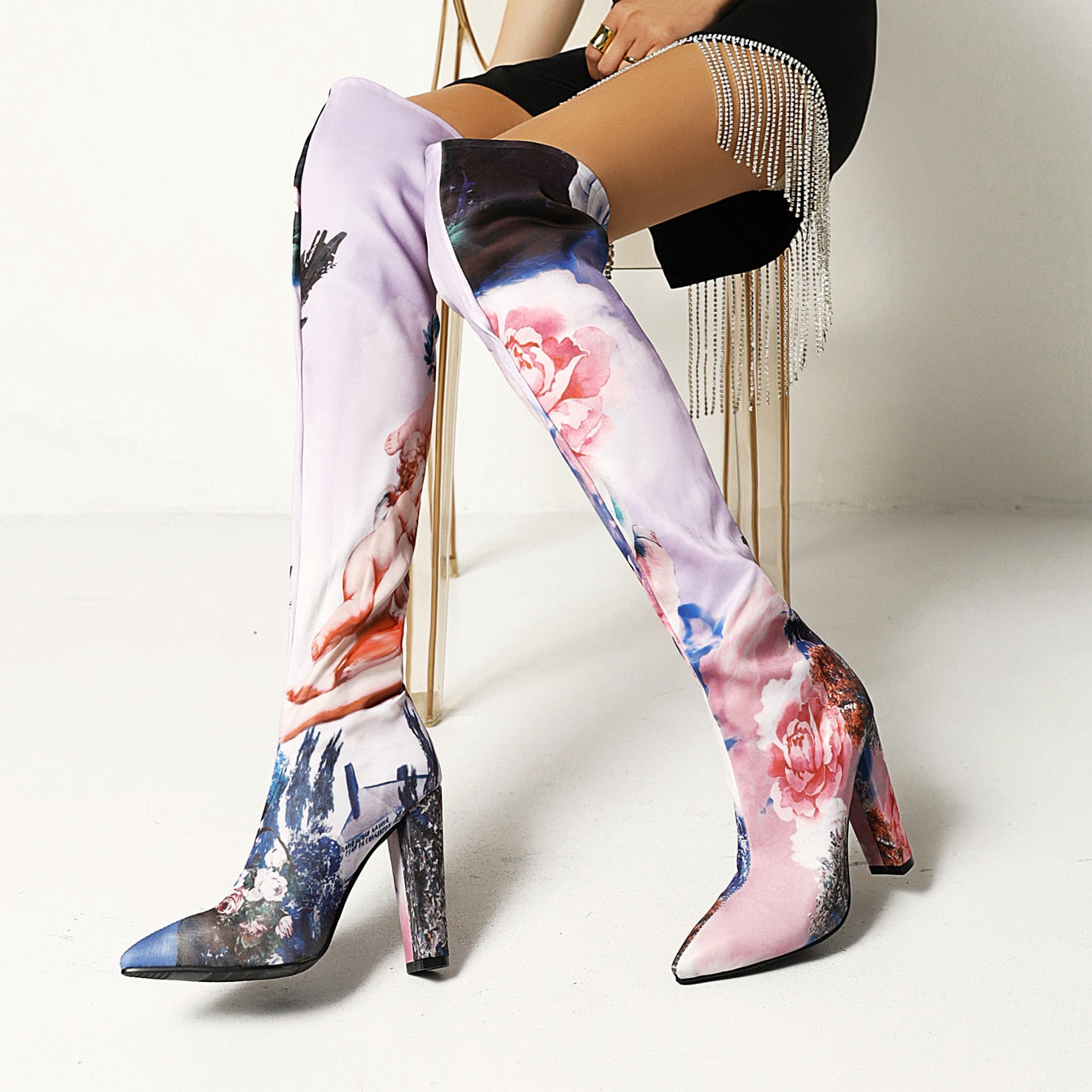  Floral Print Thick Heel Over-The-Knee Boots- Sansa Costa