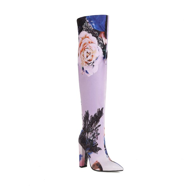  Floral Print Thick Heel Over-The-Knee Boots- Sansa Costa