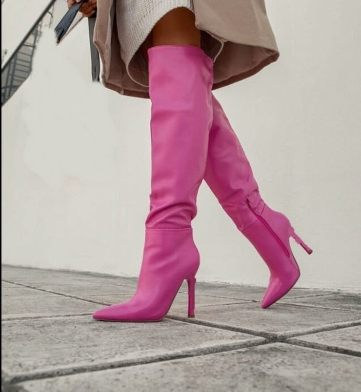 Pink Side Zip Knee High Stiletto Boots- Sansa Costa