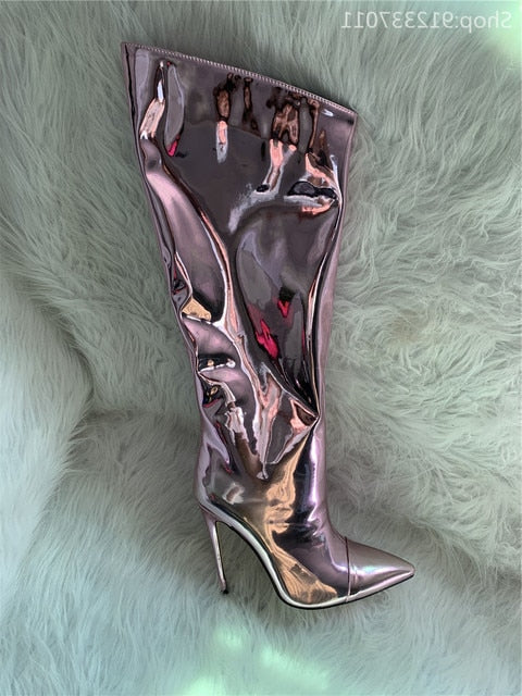  Shiny Metallic Mirror Stiletto Boots - Sansa Costa