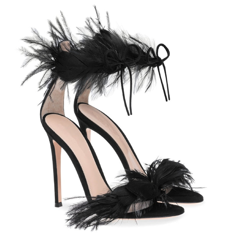   Feathered Ankle Strap High Heel Sandals- Sansa Costa